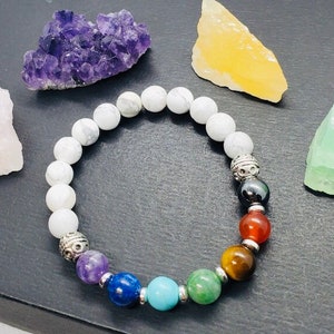 Chakra Healing Bracelet 7 Chakra Gemstone Beads with White Howlite Bead Base Yoga Bracelet image 4