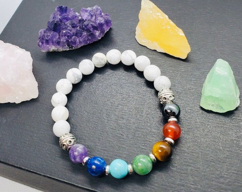 Chakra Healing Bracelet 7 Chakra Gemstone Beads with White Howlite Bead Base Yoga Bracelet image 4