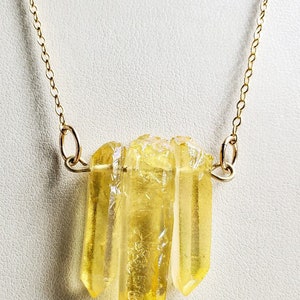 Golden Yellow Aura Quartz Point Pendant Necklace with 18k Gold Plated Cable Chain Necklace, Yellow Aura Quartz Crystal Necklace, Aura Quartz