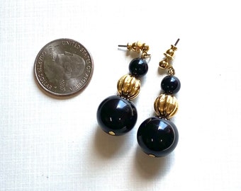 Vintage 80’s Napier Black & Gold Graduated Beaded Pierced Drop Earrings, 80’s Black and Gold Three Beads Dangle Earrings, Napier Black Gold