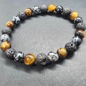 Triple Power Protection Bracelet, Genuine Tiger’s Eye, Snowflake Obsidian and Lava Stone 8mm Beads, Masculine Bracelet, Unisex Bracelet