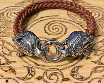 Viking Wolf Bracelet, Odin's Wolves Viking Bracelet, 7.5” Braided Brown Leather Wolf Bracelet, Stainless Steel Norse Wolves, Viking Jewelry