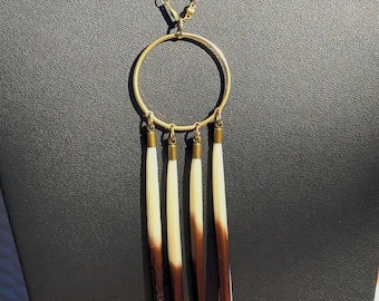 Porcupine Quill Pendant Statement Necklace: Boho Tribal Jewelry, Coated Brass Link Chain