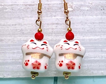 Good Fortune Cat Earrings, Maneki-Neko Cat Earrings, Good Luck Cat Earrings, Ceramic Maneki Neko Good Luck Cat Earrings, Good Fortune Cat