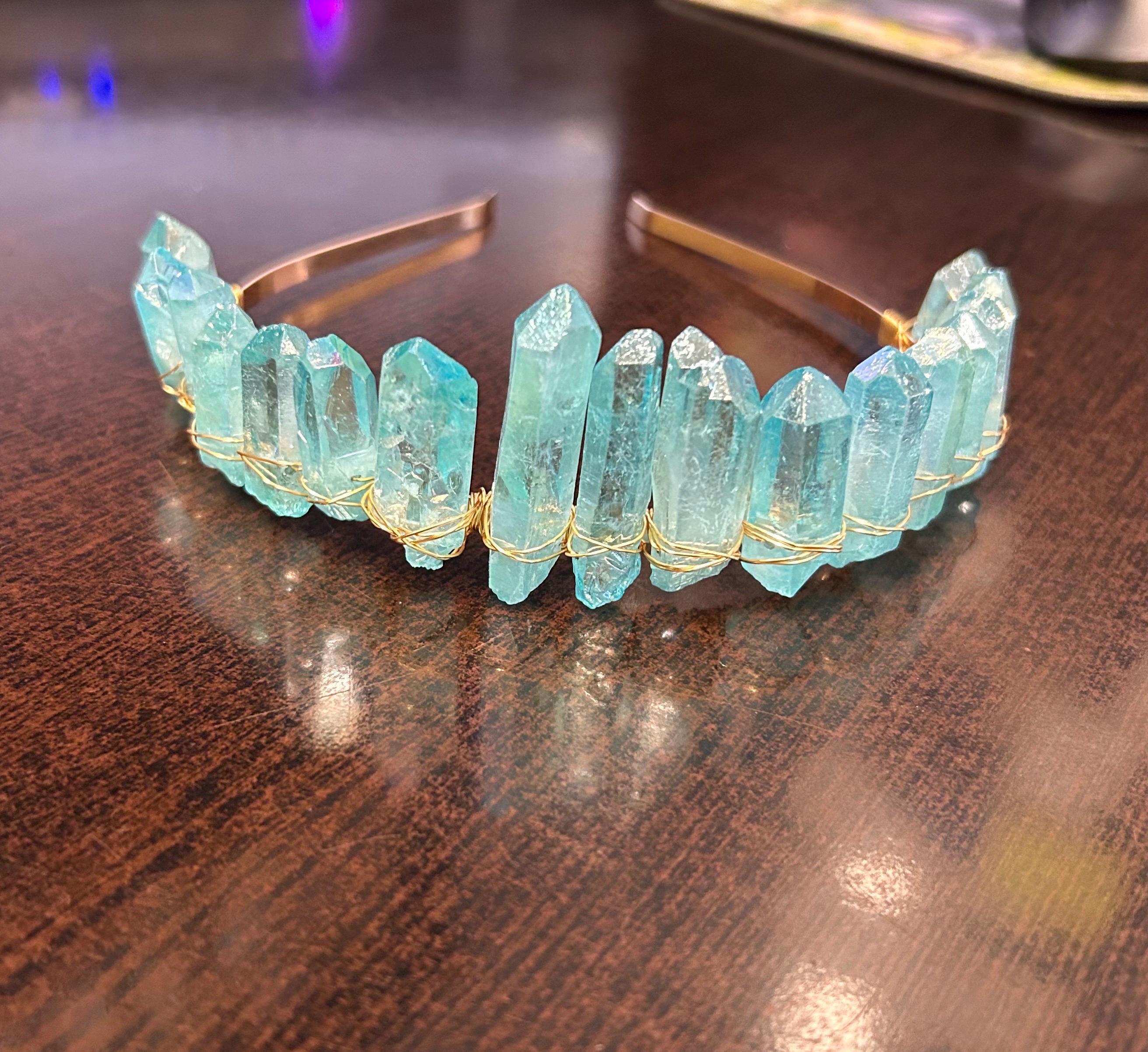 Blue Aura Quartz Crystal Headband: Gold Wire Wrapped Crown  display picture 3