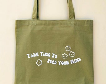 Take Time to Feed Your Mind Tote Bag | Sage Green Reusable Canvas Shoulder Bag, Beach Bag Retro Groovy Shopping Bag, Book Bag