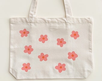 Flower Power Wide Tote Bag with Interior Pockets, Reusable Canvas Shoulder Bag, Beach Bag Minimalist Shopping Bag, Book Bag, Market Bag