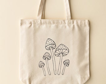 Mushroom Tote Bag with Interior Pockets, Reusable Canvas Shoulder Bag, Beach Bag Minimalist Shopping Bag, Book Bag, Farmers Market Bag