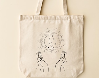 Moon Goddess Tote Bag with Interior Pockets, Reusable Canvas Shoulder Bag, Beach Bag Minimalist Shopping Bag, Book Bag, Farmers Market Bag