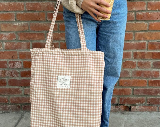 Brown Gingham Tote Bag with Interior Pockets, Reusable Canvas Shoulder Bag, Beach Bag, Shopping Bag, Book Bag, Farmers Market Bag