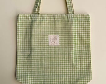 Sage Gingham Tote Bag with Interior Pockets, Reusable Canvas Shoulder Bag, Beach Bag, Shopping Bag, Book Bag, Farmers Market Bag