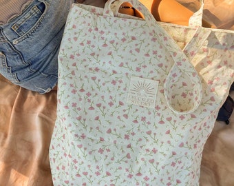 In Bloom Pink Floral Tote Bag with Interior Pockets, Reusable Canvas Shoulder Bag, Beach Bag, Shopping Bag, Book Bag, Farmers Market Bag