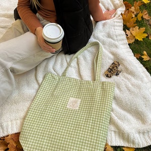 Sage Gingham Tote Bag with Interior Pockets, Reusable Canvas Shoulder Bag, Beach Bag, Shopping Bag, Book Bag, Farmers Market Bag image 7