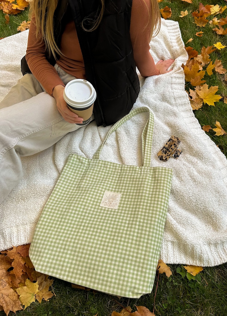 Sage Gingham Tote Bag with Interior Pockets, Reusable Canvas Shoulder Bag, Beach Bag, Shopping Bag, Book Bag, Farmers Market Bag image 7