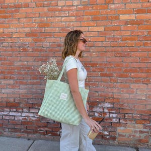 Sage Gingham Tote Bag with Interior Pockets, Reusable Canvas Shoulder Bag, Beach Bag, Shopping Bag, Book Bag, Farmers Market Bag image 6