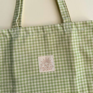 Sage Gingham Tote Bag with Interior Pockets, Reusable Canvas Shoulder Bag, Beach Bag, Shopping Bag, Book Bag, Farmers Market Bag image 8