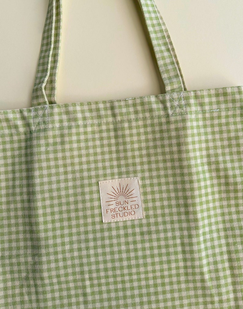 Sage Gingham Tote Bag with Interior Pockets, Reusable Canvas Shoulder Bag, Beach Bag, Shopping Bag, Book Bag, Farmers Market Bag image 8