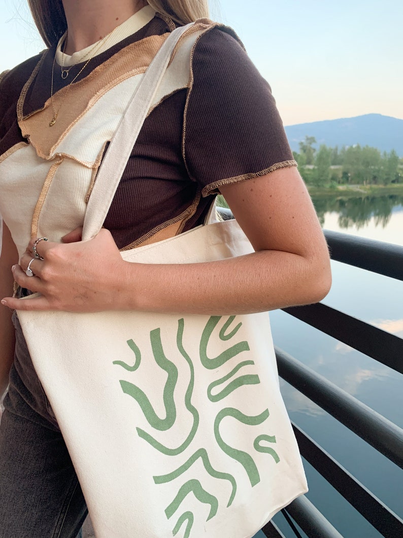 Matcha Melt Tote Bag with Interior Pockets, Reusable Canvas Shoulder Bag, Beach Bag Retro Groovy Shopping Bag, Book Bag, Farmers Market Bag image 4