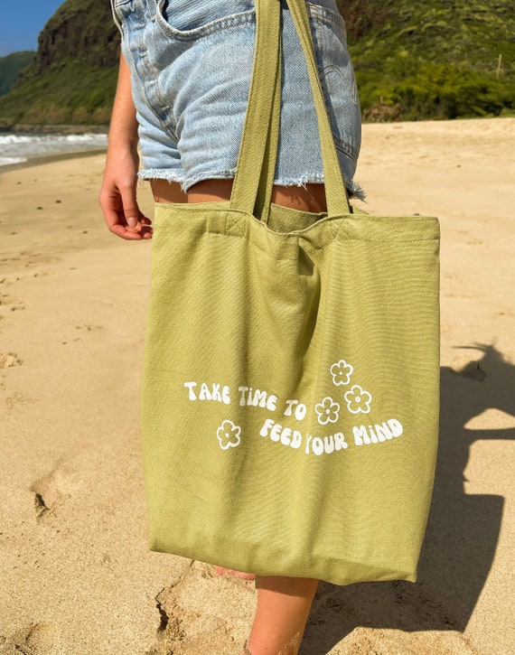 Take Time to Feed Your Mind Tote Bag Sage Green Reusable Canvas Shoulder Bag Beach Bag Retro Groovy Shopping Bag Book Bag Etsy