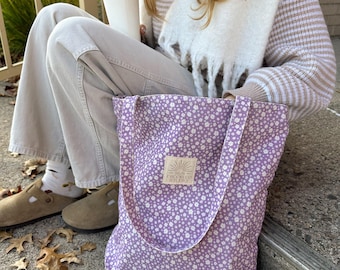 Purple Ditsy Floral Tote Bag with Interior Pockets, Reusable Canvas Shoulder Bag, Beach Bag, Shopping Bag, Book Bag, Farmers Market Bag