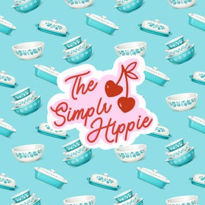 May include: A pattern of vintage turquoise and white kitchenware on a light blue background. The image includes bowls, casserole dishes, and a butter dish. A pink sticker with the text "The Simple Hippie" and cherry graphic is in the center.