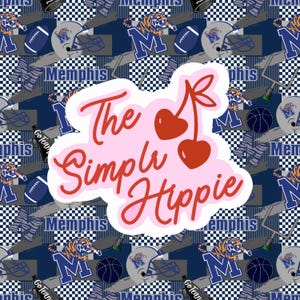 May include: A patterned design featuring Memphis Tigers football and basketball imagery in navy blue, gray, and white. The design includes footballs, helmets, and the text "Memphis". A pink cloud-shaped graphic with the text "The Simple Hippie" and cherry illustrations is overlaid.