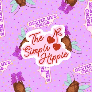 May include: A repeating pattern on a light purple background featuring cartoon cockroaches, purple boots with wings, and speech bubbles. The central design element is a logo that reads "The Simple Hippie" with cherry illustrations.