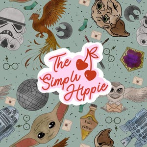 May include: A light green background with various pop culture illustrations, including a phoenix, a Stormtrooper helmet, and a baby Yoda. A pink sticker with the text "The Simply Hippie" and cherries is in the center.