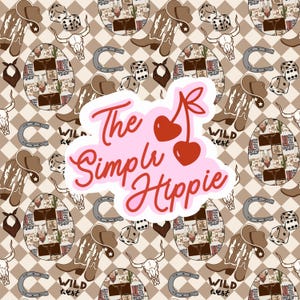 May include: A repeating pattern featuring cowboy boots, hats, horseshoes, dice, bandanas, and bull skulls in shades of brown and tan. The text "The Simple Hippie" is in a pink bubble with red cherries.