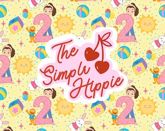 May include: A repeating pattern on a yellow background featuring the number 2, cartoon characters, suns, and other playful elements. The text "The Simple Hippie" is in the center, with a cherry design.