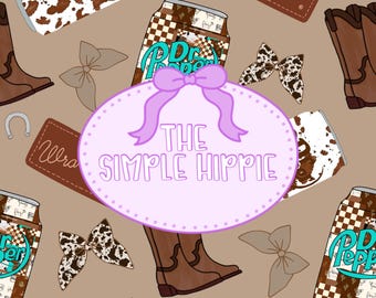 May include: A repeating pattern featuring Dr. Pepper cans, cowboy boots, bow ties, and Wrangler tags on a tan background. A pink oval with the text "THE SIMPLE HIPPIE" is in the center. The design incorporates a cowhide print.