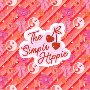 May include: A repeating pattern with pink telephones, cheetahs, bows, flowers, and yin-yang symbols on a striped background. The text "The Simple Hippie" is in a white cloud-shaped bubble with cherries.