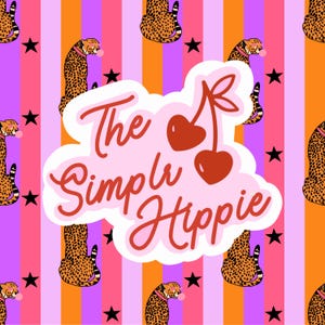 May include: A colorful pattern featuring cheetahs, black stars, and vertical stripes in pink, orange, and purple. A pink cloud-shaped graphic with the text "The Simple Hippie" and cherry illustrations.