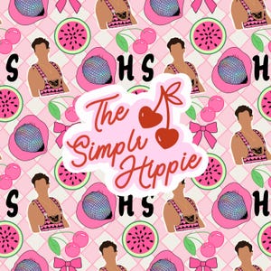 May include: A pink and white patterned design featuring illustrations of a person, cherries, watermelon slices, disco balls, and bows. The text "The Simple Hippie" is in the center of the design. The letters "S" and "H" are also included.