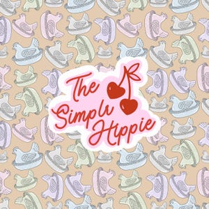 May include: A repeating pattern of pastel-colored chickens in decorative baskets on a tan background. A pink sticker with the text "The Simple Hippie" and red cherries is in the foreground.
