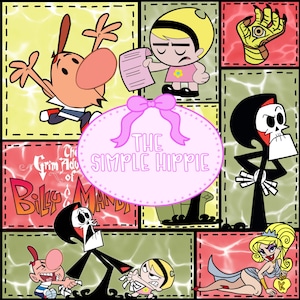 Peut inclure: Un collage de dessins animés colorés mettant en vedette des personnages de "Billy et Mandy". L'image comprend Billy, Mandy, Grim et d'autres personnages, avec le texte "The Simple Hippie" dans un ovale rose. Le fond est un patchwork de couleurs.