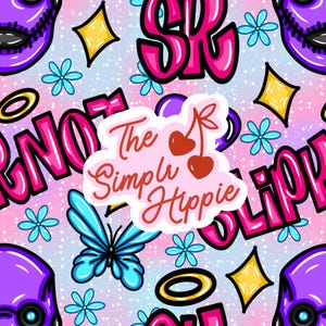 May include: A vibrant, repeating pattern featuring a mix of colorful graphics. The design includes stylized skulls, flowers, butterflies, diamonds, and the text "The Simple Hippie" with cherries. The background has a gradient of pink, blue, and white.