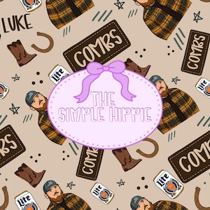 May include: A repeating pattern featuring illustrations of a man, cowboy boots, beer cans, horseshoes, and the text "COMBS" on a brown background. A central oval with the text "THE SIMPLE HIPPIE" is present.