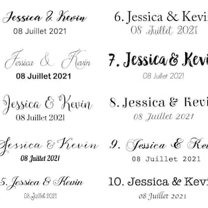 May include: Ten numbered cards with the text "Jessica & Kevin" and the date "08 Juillet 2021" on each card.