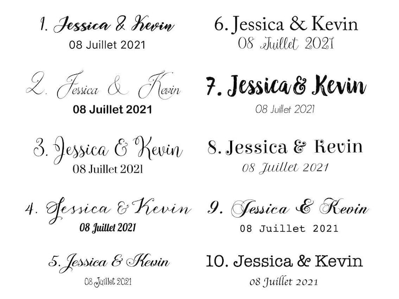 May include: Ten numbered cards with the text "Jessica & Kevin" and the date "08 Juillet 2021" on each card.