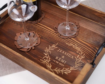 Plateau en bois personnalisé, Cadeau mariage, Cadeau fiançailles, Plateau à verre, Plateau de verre mariage, Plateau de verre pour mariés