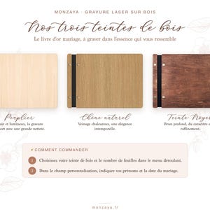 May include: Three rectangular wooden guest books with black spines and metallic fasteners. The wood finishes are light poplar, natural oak, and dark walnut. Text includes Monzaya, Nos trois teintes de bois, and ordering instructions in French.