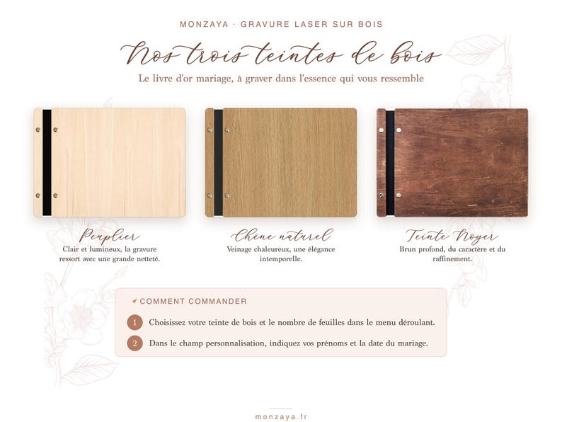 May include: Three rectangular wooden guest books with black spines and metallic fasteners. The wood finishes are light poplar, natural oak, and dark walnut. Text includes Monzaya, Nos trois teintes de bois, and ordering instructions in French.
