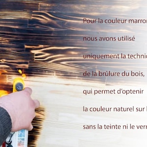 May include: A close-up of wood planks being torched with a yellow and black torch. The wood is partially burned, creating a dark brown color. Text in French explains the technique used to achieve the color.