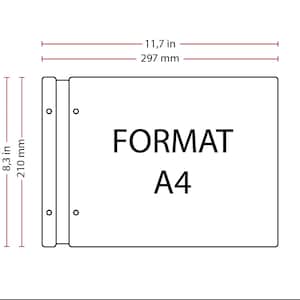 May include: A black and white illustration of a sheet of paper with the text "FORMAT A4" and measurements in inches and millimeters. The paper is 11.7 inches (297 mm) wide and 8.3 inches (210 mm) tall.
