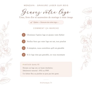 May include: A white informational graphic with brown text and floral illustrations on the sides. The text outlines a laser wood engraving service, detailing four steps for logo submission and quality requirements for file formats like SVG or PDF.