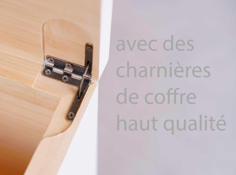 May include: Close-up of a wooden box hinge with a metal hinge and screws. The box is light-colored wood, and the hinge is a dark metal. Text in the background reads "avec des charni&egrave;res de coffre haut qualit&eacute;."