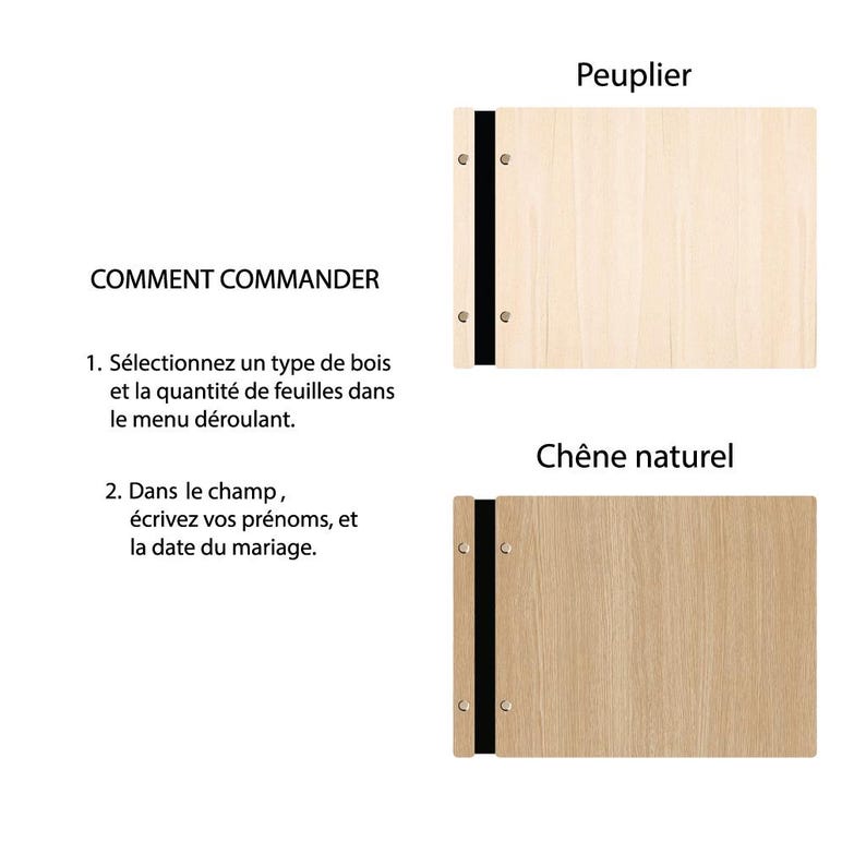May include: Two wooden guest books with black ribbon closures. The top book is labeled "Peuplier" and the bottom book is labeled "Ch&ecirc;ne naturel".