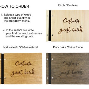 May include: Four wooden guest books with black ribbon closures. The books are labeled with the wood type: Birch, Natural Oak, Dark Oak. Each book has the text "Custom guest book" engraved on the front.
