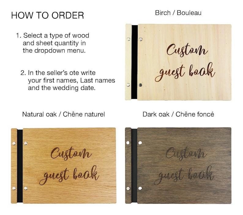 May include: Four wooden guest books with black ribbon closures. The books are labeled with the wood type: Birch, Natural Oak, Dark Oak. Each book has the text "Custom guest book" engraved on the front.
